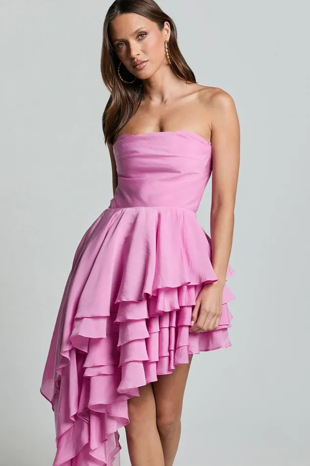 Amalie The Label 8211 Everly Strapless Asymmetrical Tiered Mini Dress In Pink Women Showpo Curve Clothes