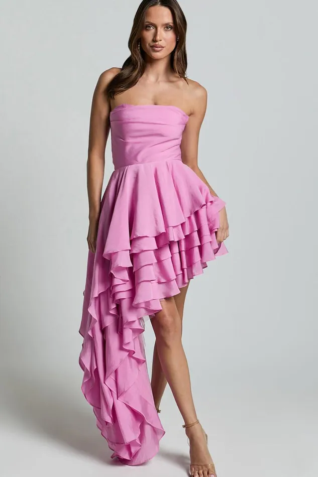 Amalie The Label 8211 Everly Strapless Asymmetrical Tiered Mini Dress In Pink Women Showpo Curve Clothes