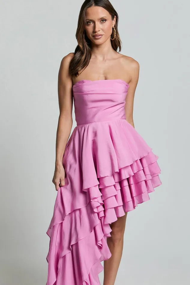 Amalie The Label 8211 Everly Strapless Asymmetrical Tiered Mini Dress In Pink Women Showpo Curve Clothes