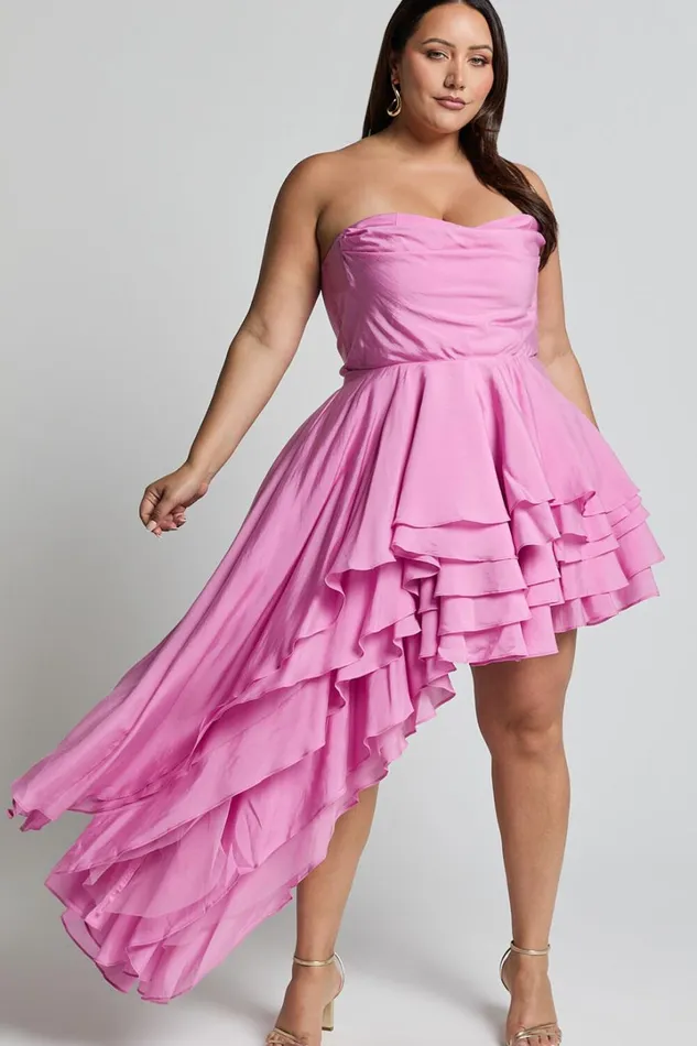 Amalie The Label 8211 Everly Strapless Asymmetrical Tiered Mini Dress In Pink Women Showpo Curve Clothes