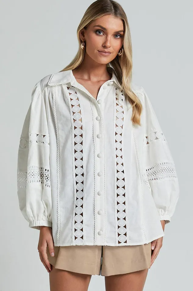 Amalie The Label 8211 Julessa Linen Blend Puff Sleeve Lace Detail Blouse In White Women Showpo Tops