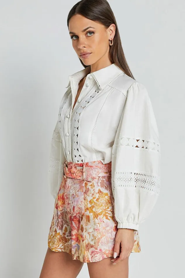 Amalie The Label 8211 Julessa Linen Blend Puff Sleeve Lace Detail Blouse In White Women Showpo Tops
