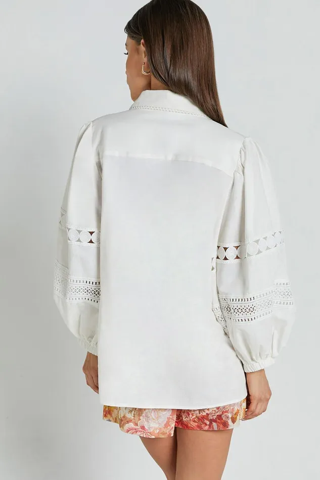 Amalie The Label 8211 Julessa Linen Blend Puff Sleeve Lace Detail Blouse In White Women Showpo Tops