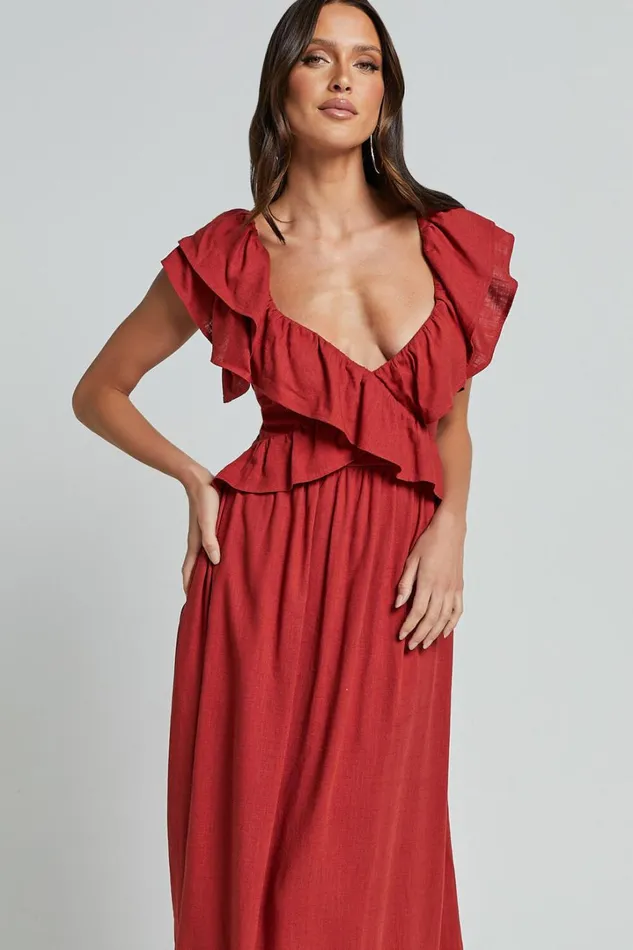 Amalie The Label 8211 Marisole Linen Blend Frill Detail Backless Midi Dress In Burnt Sienna Women Showpo Dresses