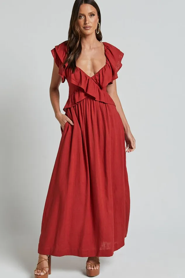 Amalie The Label 8211 Marisole Linen Blend Frill Detail Backless Midi Dress In Burnt Sienna Women Showpo Dresses