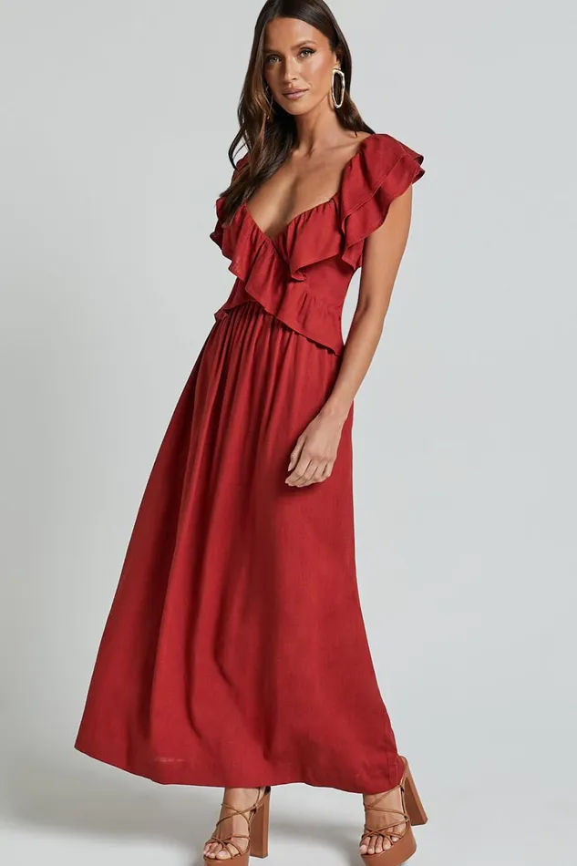 Amalie The Label 8211 Marisole Linen Blend Frill Detail Backless Midi Dress In Burnt Sienna Women Showpo Dresses