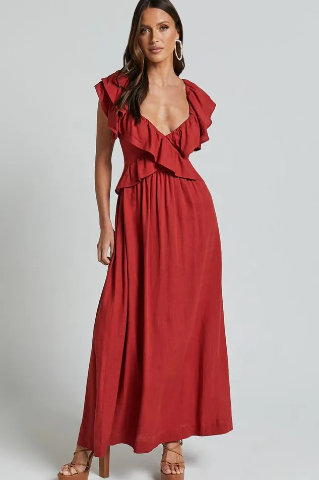 Amalie The Label 8211 Marisole Linen Blend Frill Detail Backless Midi Dress In Burnt Sienna Women Showpo Dresses