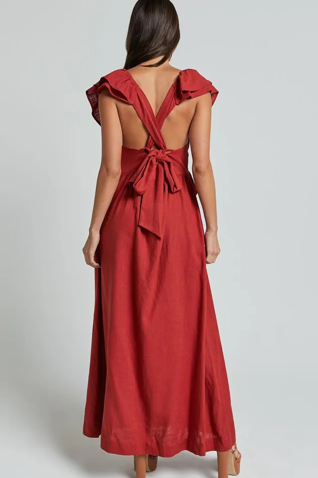 Amalie The Label 8211 Marisole Linen Blend Frill Detail Backless Midi Dress In Burnt Sienna Women Showpo Dresses