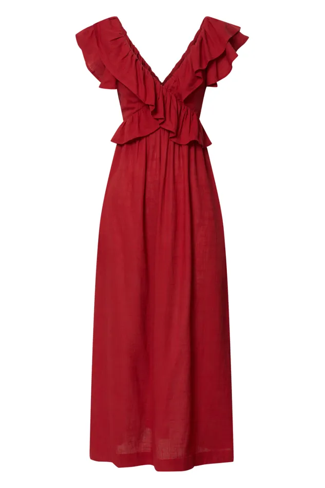 Amalie The Label 8211 Marisole Linen Blend Frill Detail Backless Midi Dress In Burnt Sienna Women Showpo Dresses
