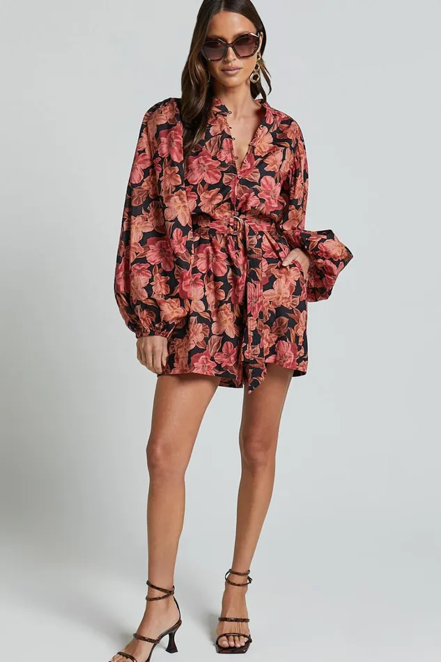 Amalie The Label 8211 Natylia Linen Blend Bishop Sleeve Belted Playsuit In Atalie Print Women Showpo Rompers