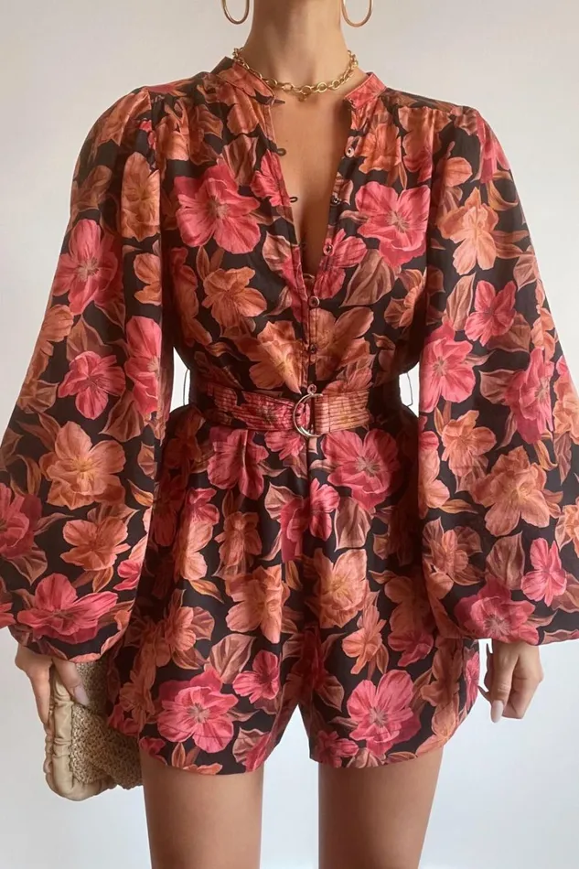 Amalie The Label 8211 Natylia Linen Blend Bishop Sleeve Belted Playsuit In Atalie Print Women Showpo Rompers
