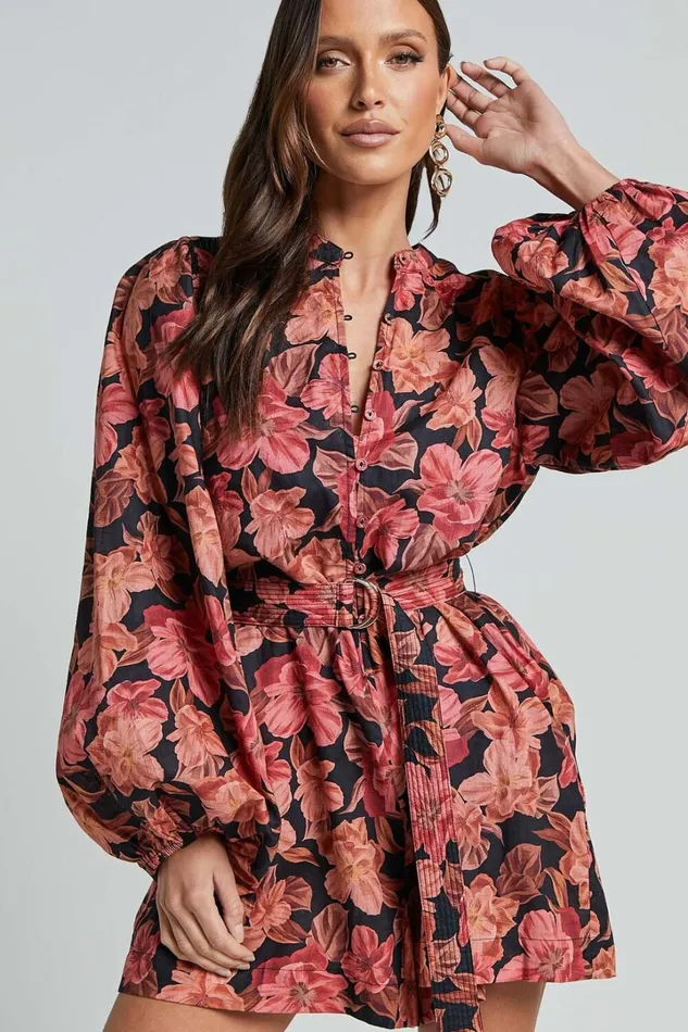 Amalie The Label 8211 Natylia Linen Blend Bishop Sleeve Belted Playsuit In Atalie Print Women Showpo Rompers