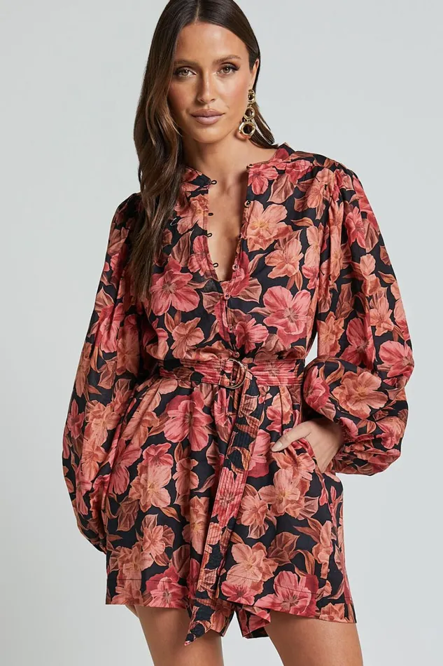 Amalie The Label 8211 Natylia Linen Blend Bishop Sleeve Belted Playsuit In Atalie Print Women Showpo Rompers