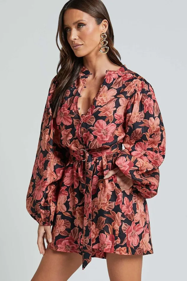 Amalie The Label 8211 Natylia Linen Blend Bishop Sleeve Belted Playsuit In Atalie Print Women Showpo Rompers