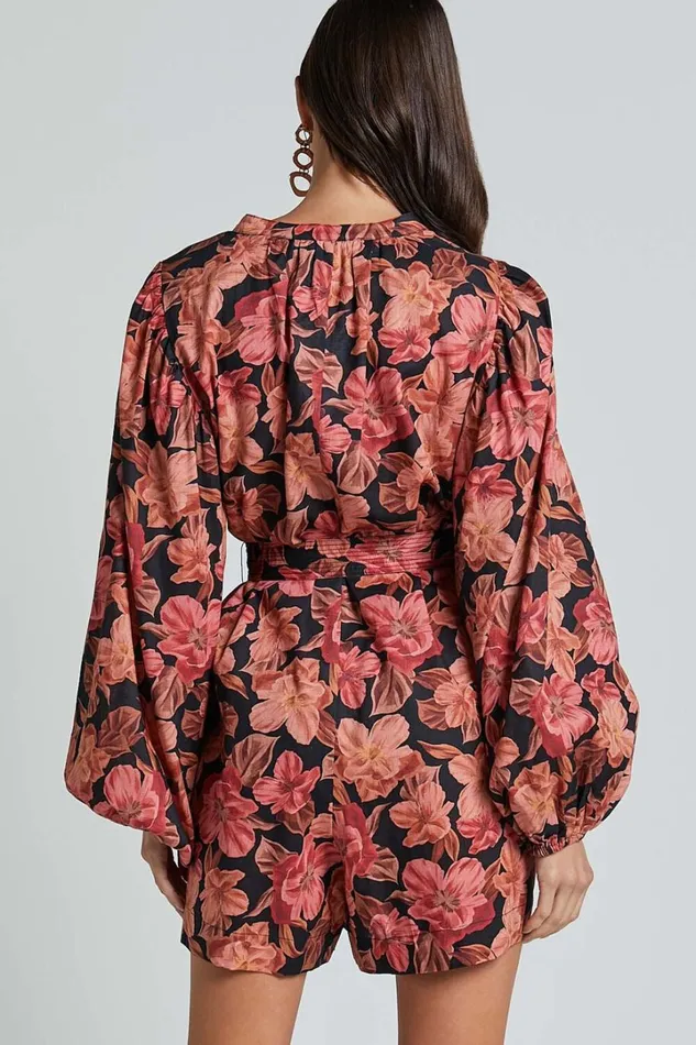 Amalie The Label 8211 Natylia Linen Blend Bishop Sleeve Belted Playsuit In Atalie Print Women Showpo Rompers