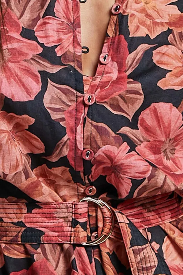 Amalie The Label 8211 Natylia Linen Blend Bishop Sleeve Belted Playsuit In Atalie Print Women Showpo Rompers