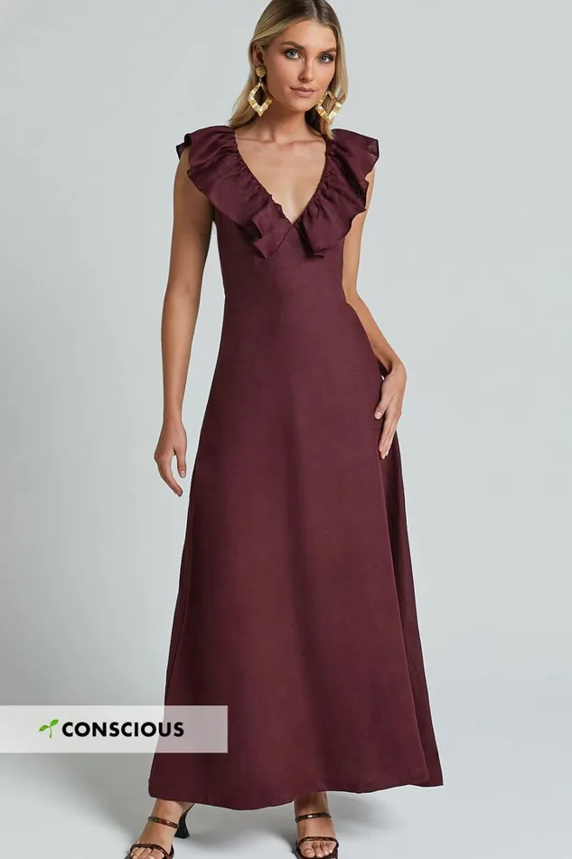 Amalie The Label 8211 Penelope Linen Flutter Sleeve Low Back Maxi Dress In Wine Women Showpo Dresses Amalie The Label 8211 Penelope Linen Flutter Sleeve Low Back Maxi Dress In Wine Women Showpo Dresses