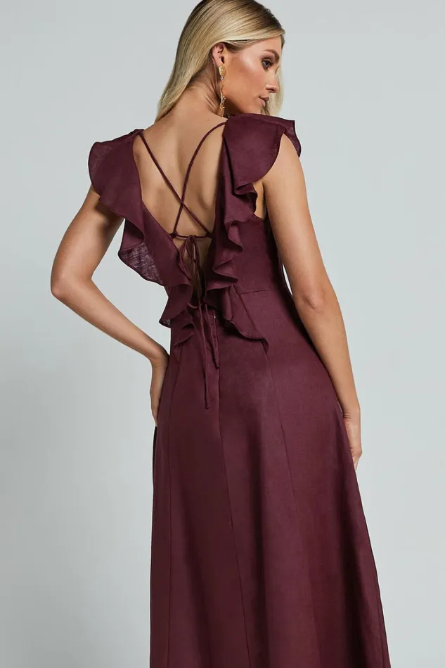 Amalie The Label 8211 Penelope Linen Flutter Sleeve Low Back Maxi Dress In Wine Women Showpo Dresses
