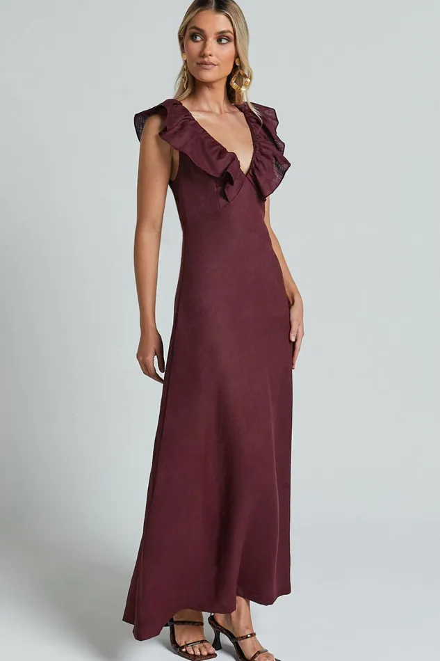 Amalie The Label 8211 Penelope Linen Flutter Sleeve Low Back Maxi Dress In Wine Women Showpo Dresses