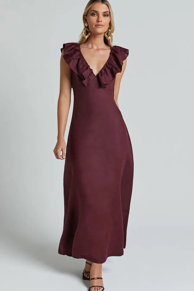 Amalie The Label 8211 Penelope Linen Flutter Sleeve Low Back Maxi Dress In Wine Women Showpo Dresses