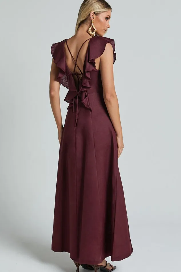 Amalie The Label 8211 Penelope Linen Flutter Sleeve Low Back Maxi Dress In Wine Women Showpo Dresses