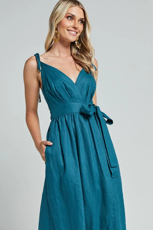 Amalie The Label 8211 Siena Linen Tie Shoulder Wrap Midi Dress In Moss Women Showpo Dresses