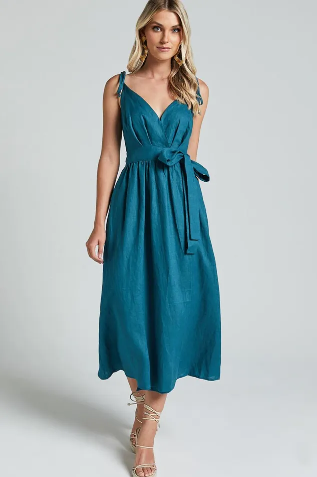 Amalie The Label 8211 Siena Linen Tie Shoulder Wrap Midi Dress In Moss Women Showpo Dresses