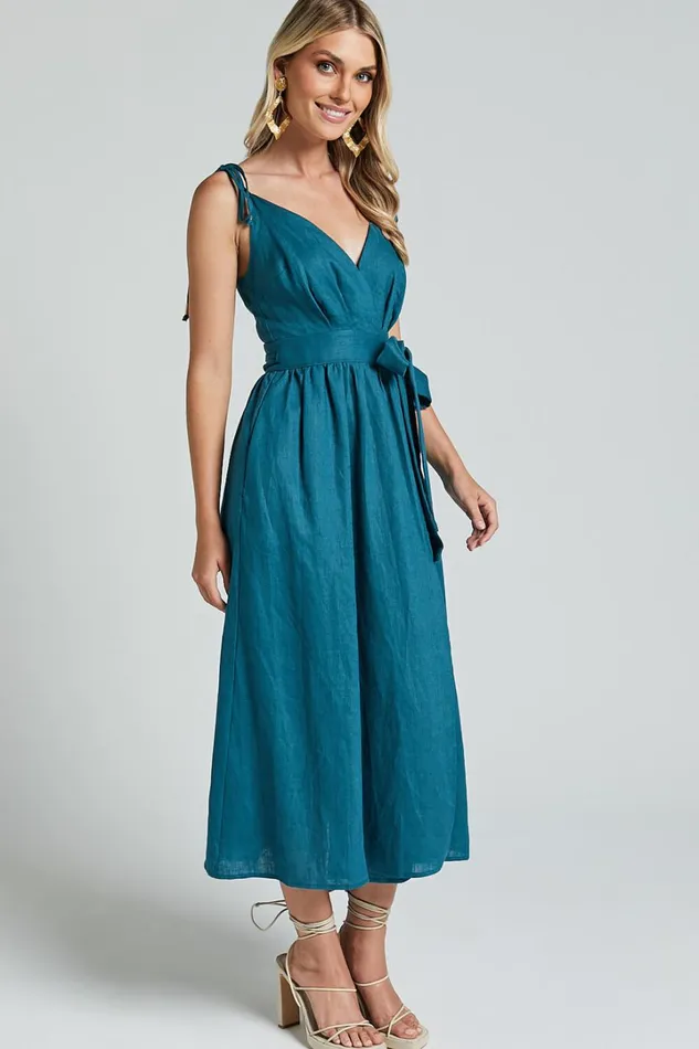 Amalie The Label 8211 Siena Linen Tie Shoulder Wrap Midi Dress In Moss Women Showpo Dresses