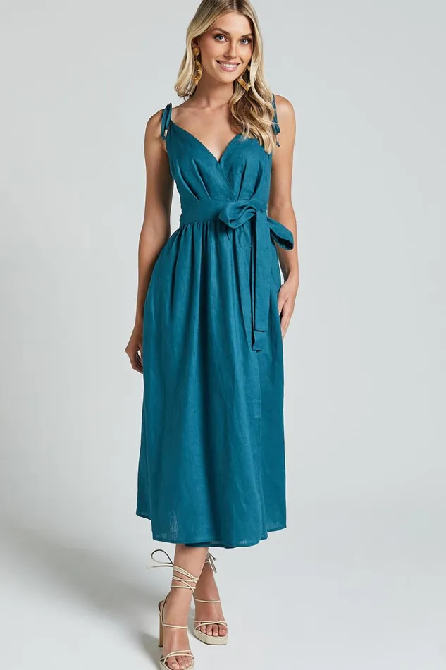 Amalie The Label 8211 Siena Linen Tie Shoulder Wrap Midi Dress In Moss Women Showpo Dresses