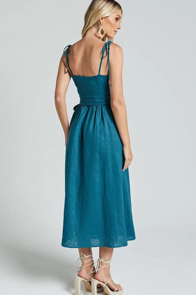 Amalie The Label 8211 Siena Linen Tie Shoulder Wrap Midi Dress In Moss Women Showpo Dresses