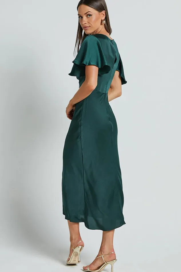 Amartina Midi Dress 8211 V Neck Twist Bodice Flutter Sleeve Dress In Forest Green Women Showpo Curve Clothes