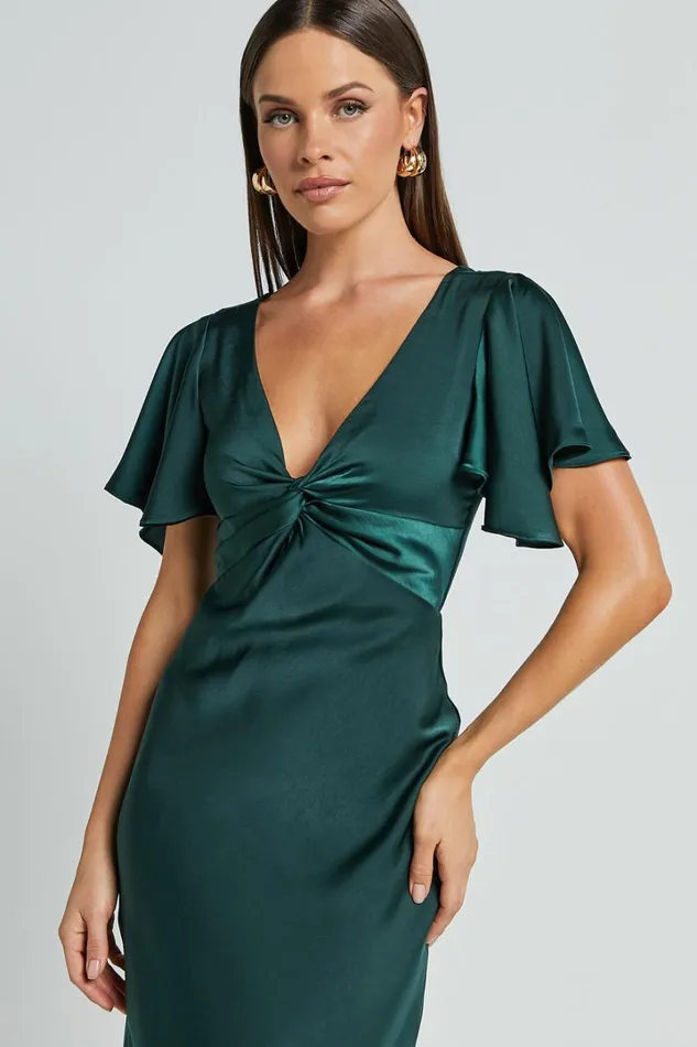 Amartina Midi Dress 8211 V Neck Twist Bodice Flutter Sleeve Dress In Forest Green Women Showpo Curve Clothes