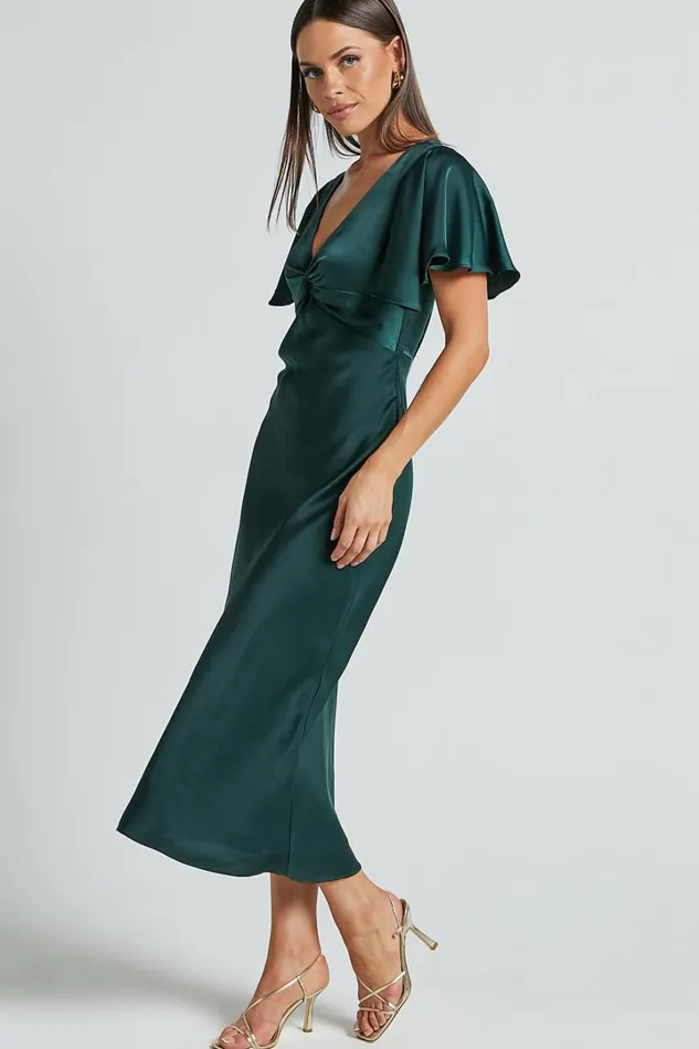 Amartina Midi Dress 8211 V Neck Twist Bodice Flutter Sleeve Dress In Forest Green Women Showpo Curve Clothes