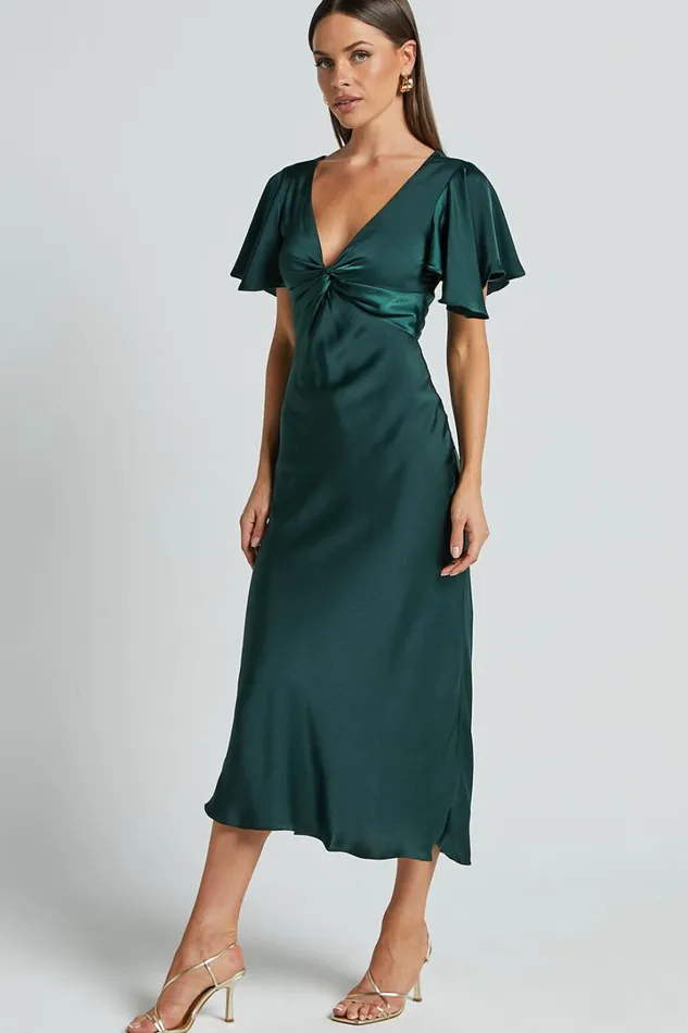 Amartina Midi Dress 8211 V Neck Twist Bodice Flutter Sleeve Dress In Forest Green Women Showpo Curve Clothes