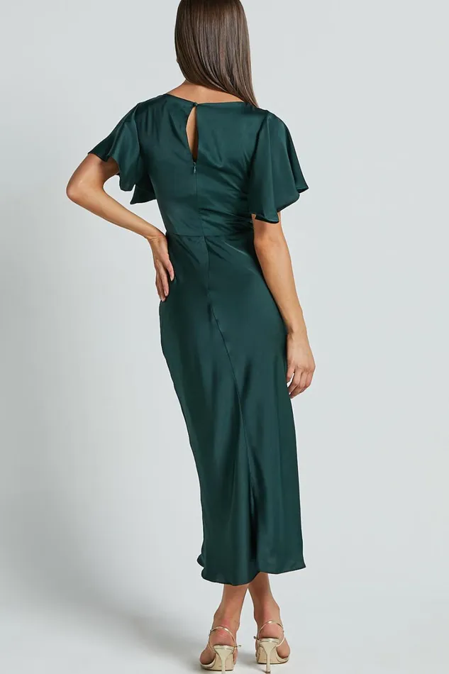 Amartina Midi Dress 8211 V Neck Twist Bodice Flutter Sleeve Dress In Forest Green Women Showpo Curve Clothes