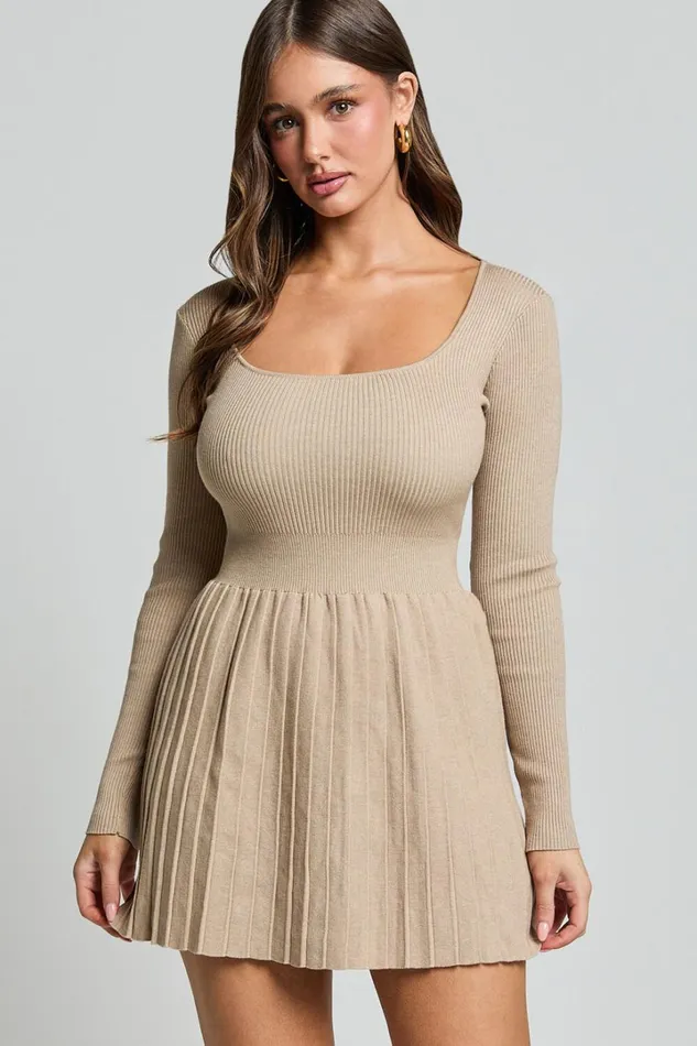 Andi Mini Dress 8211 Long Sleeve A Line Pleated Knit Mini Dress In Beige Women Showpo Dresses Andi Mini Dress 8211 Long Sleeve A Line Pleated Knit Mini Dress In Beige Women Showpo Dresses