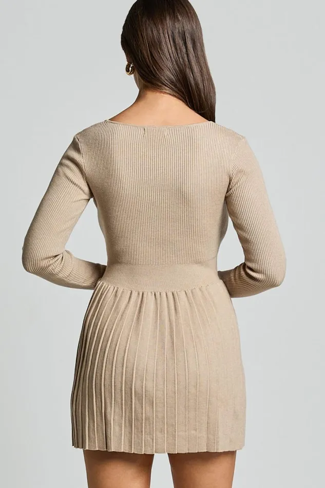 Andi Mini Dress 8211 Long Sleeve A Line Pleated Knit Mini Dress In Beige Women Showpo Dresses