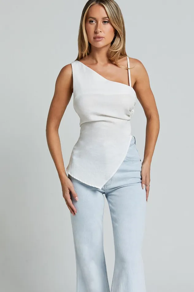 Andre Top 8211 Asymmetric Shoulder V Hem Cami In White Women Showpo Tops