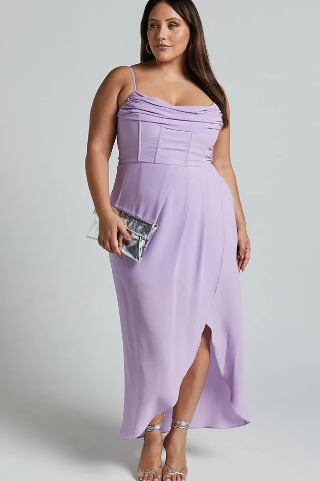 Andrina Midi Dress 8211 High Low Wrap Corset Dress In Lilac Women Showpo Curve Clothes