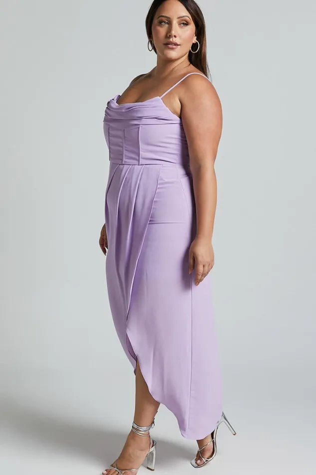 Andrina Midi Dress 8211 High Low Wrap Corset Dress In Lilac Women Showpo Curve Clothes