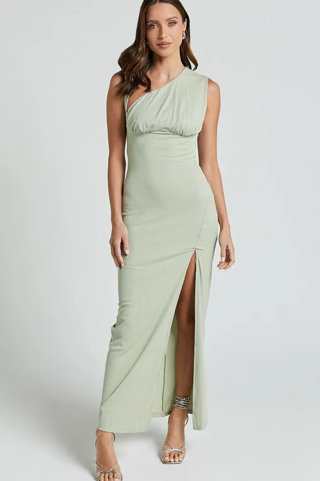 Andy Midi Dress 8211 Asymmetrical Cap Sleeve High Slit Slip Dress In Sage Women Showpo Dresses