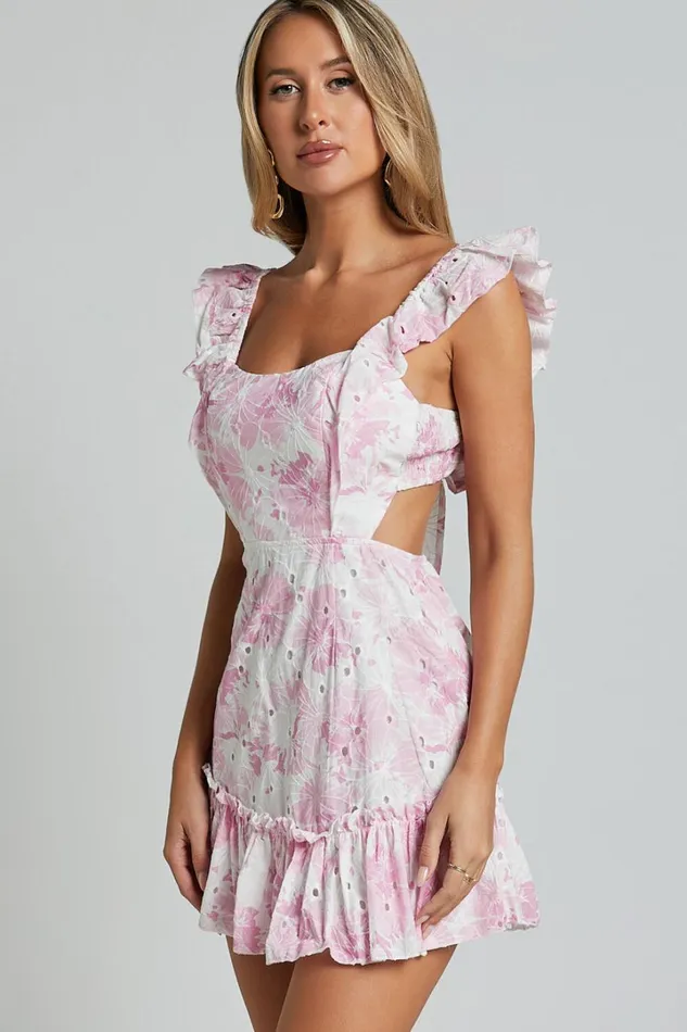 Anisha Mini Dress 8211 Flutter Sleeve Straight Neck With Tie Back Dress In Pink And White Floral Print Women Showpo Conscious