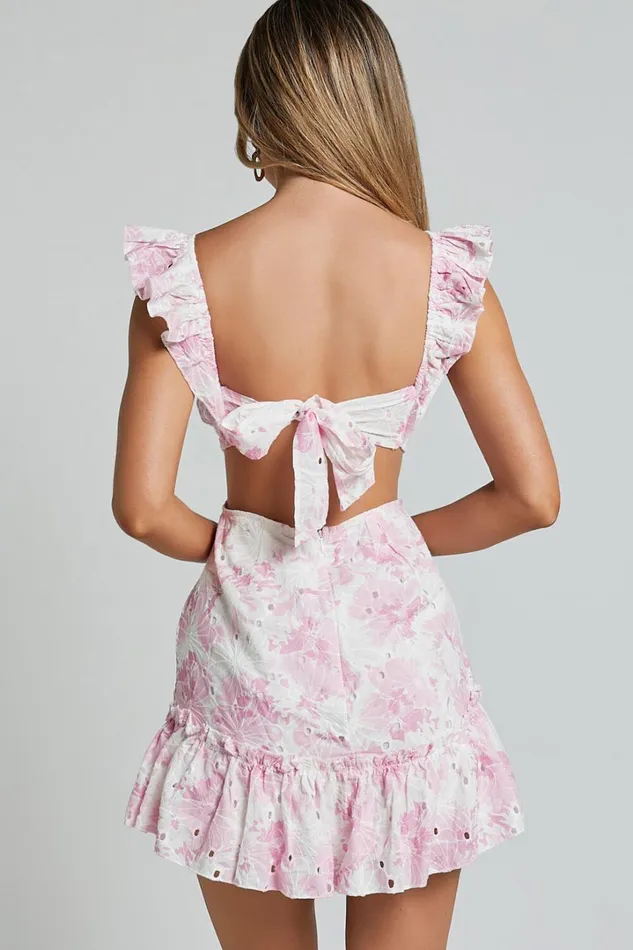 Anisha Mini Dress 8211 Flutter Sleeve Straight Neck With Tie Back Dress In Pink And White Floral Print Women Showpo Conscious