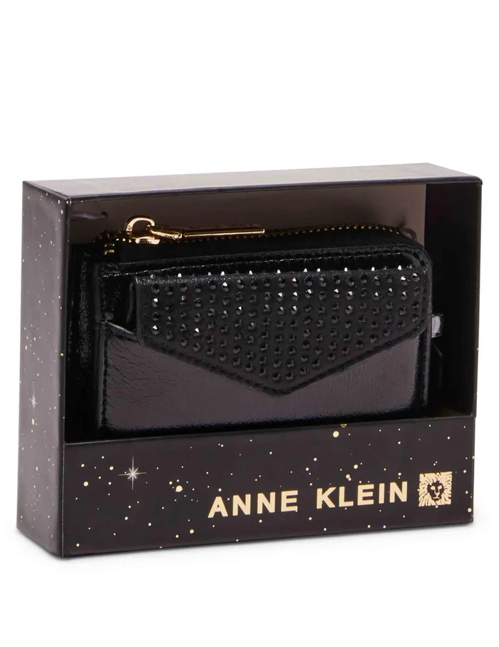 Anne Klein 2 Piece Envelope Flap Curved Wallet With Rhinestones Black Women Handbags