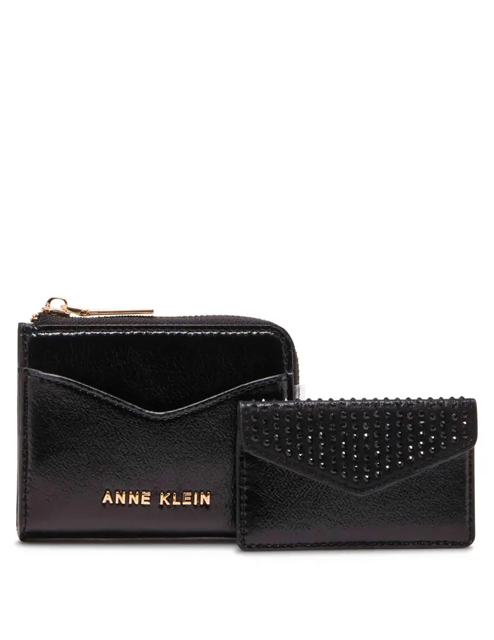Anne Klein 2 Piece Envelope Flap Curved Wallet With Rhinestones Black Women Handbags