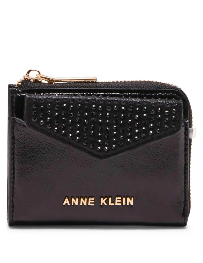 Anne Klein 2 Piece Envelope Flap Curved Wallet With Rhinestones Black Women Handbags