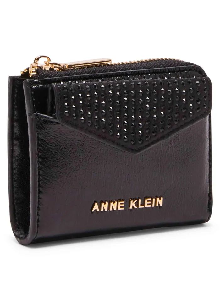 Anne Klein 2 Piece Envelope Flap Curved Wallet With Rhinestones Black Women Handbags