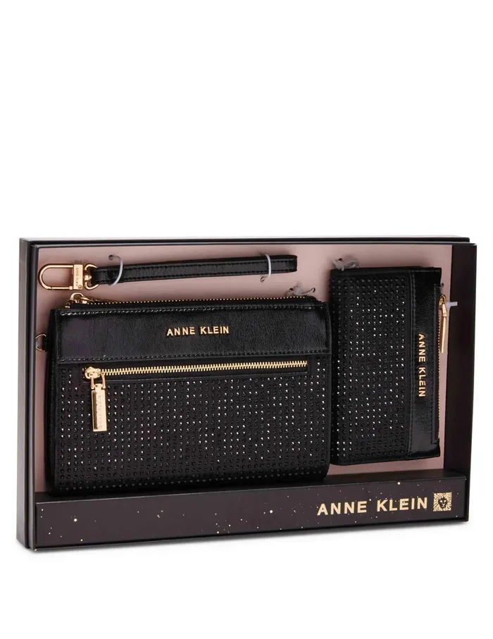 Anne Klein 2 Piece Gift Set With Rhinestone Zip Clutch And Card Case Black Women Handbags