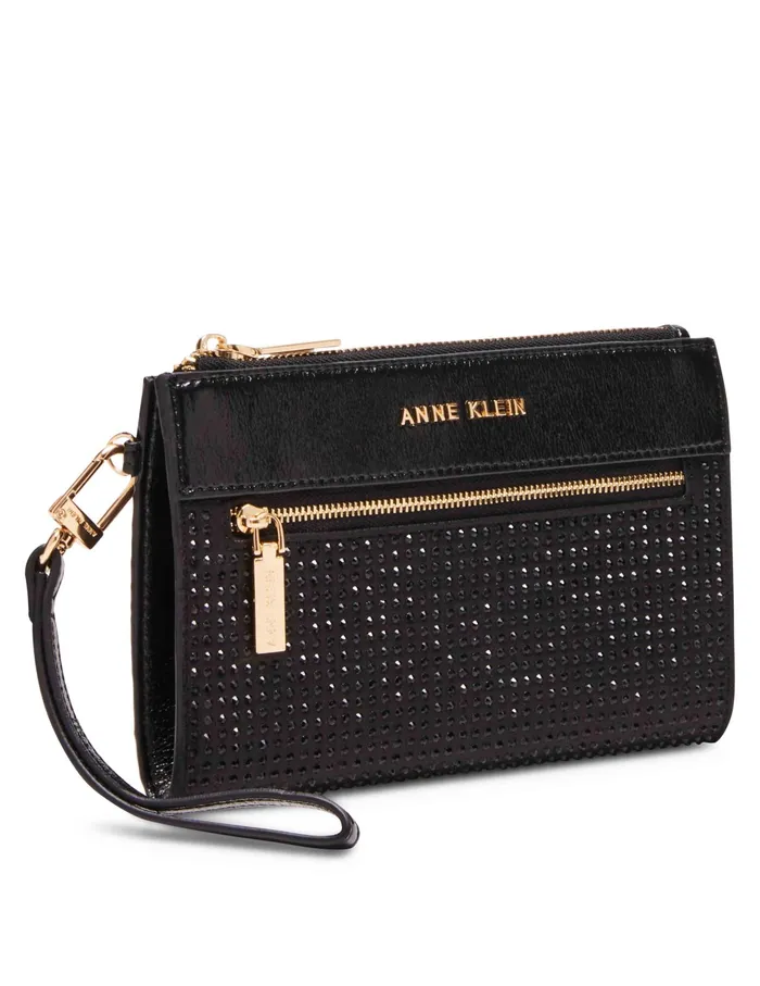 Anne Klein 2 Piece Gift Set With Rhinestone Zip Clutch And Card Case Black Women Handbags