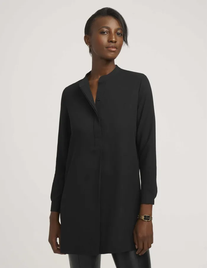 Anne Klein Petite PopOver Blouse With Covered Placket And Side Slits Anne Black Women Clothing